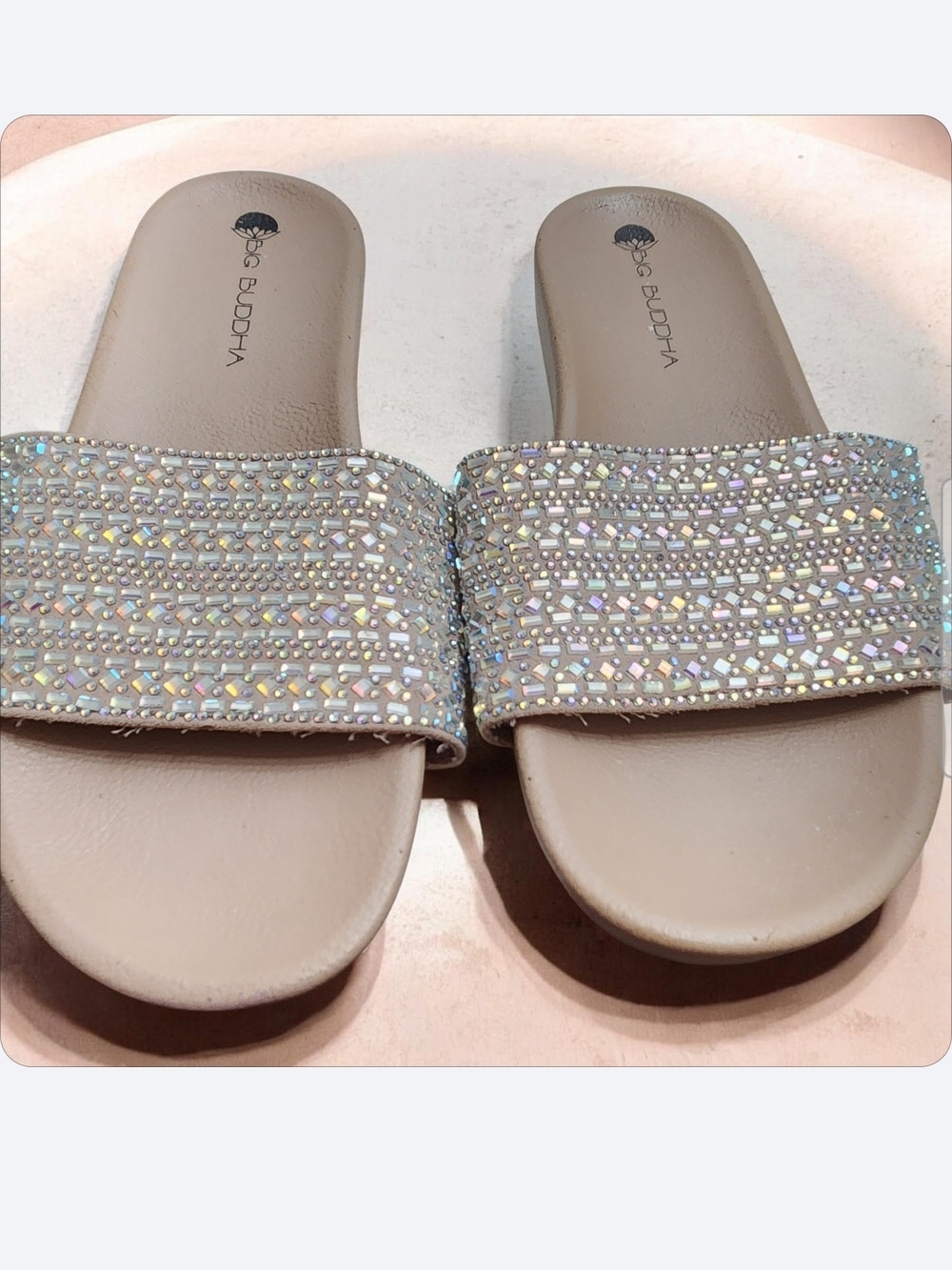 Big Buddha Crystal Embellished Beige Slide Sandals■ No B0X/ EUC